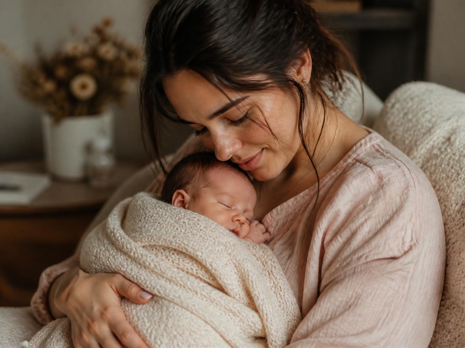 Moeder houdt liefdevol haar pasgeboren baby vast
