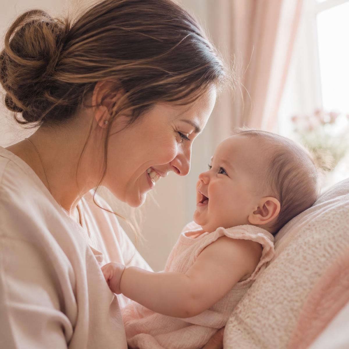 Moeder en baby lachen naar elkaar
