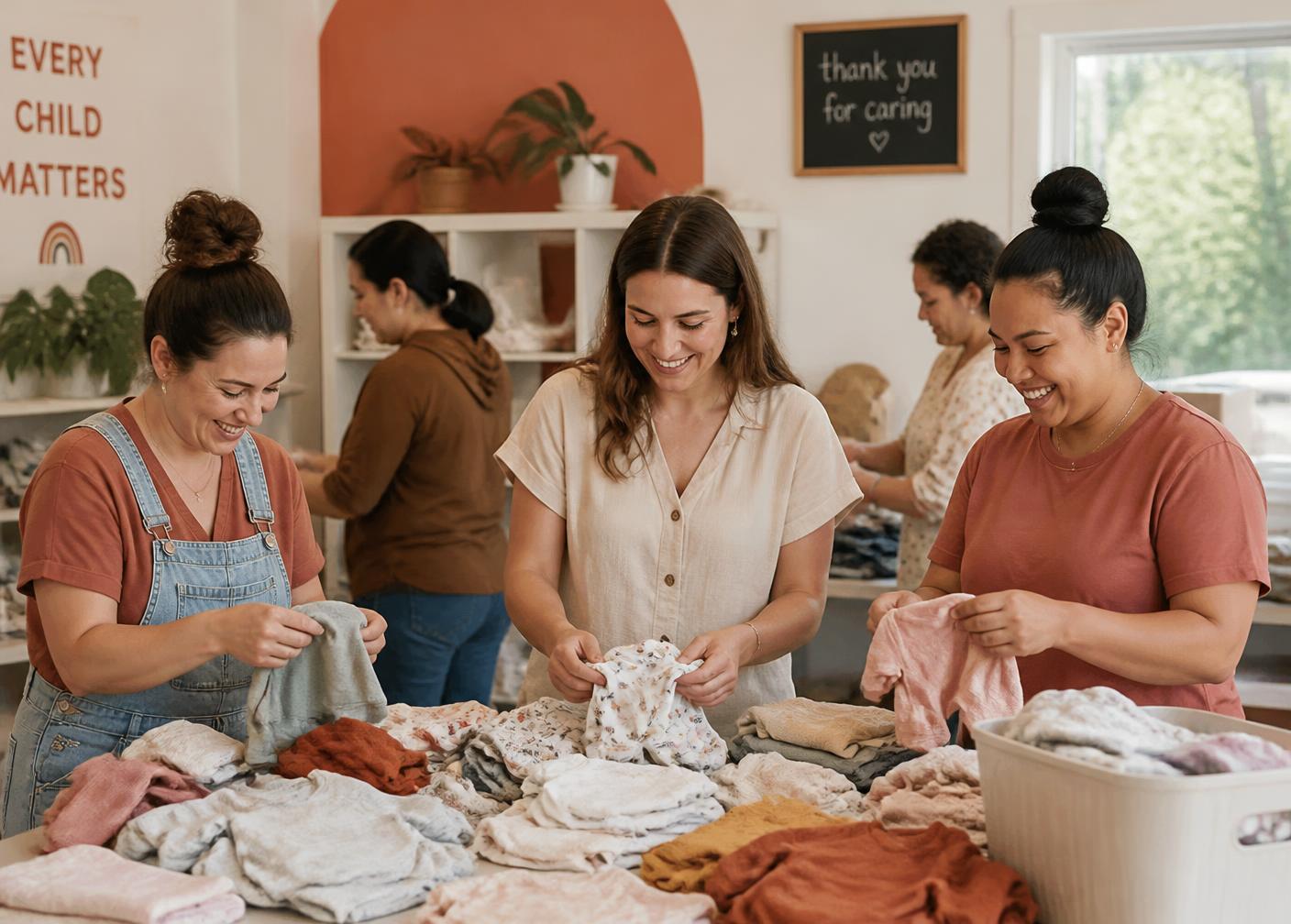 Vrijwilligers sorteren gedoneerde babykleding